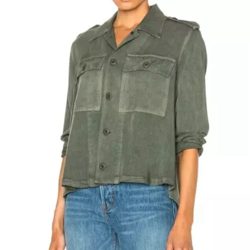 AMO Denim Tiered Ruffle Army Twist Button‎ Up Surplus Green Shirt Jacket Size XS